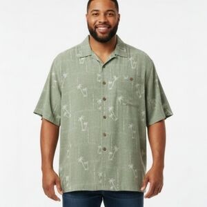 Silk Hawaiian Shirt 2XL Green Aloha Lounge Coconut Buttons Caribbean Joe